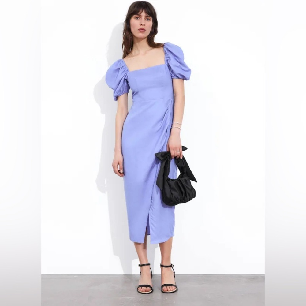 & Other Stories Fitted Puff Sleeve Midi Dress in Periwinkle Blue Size 2